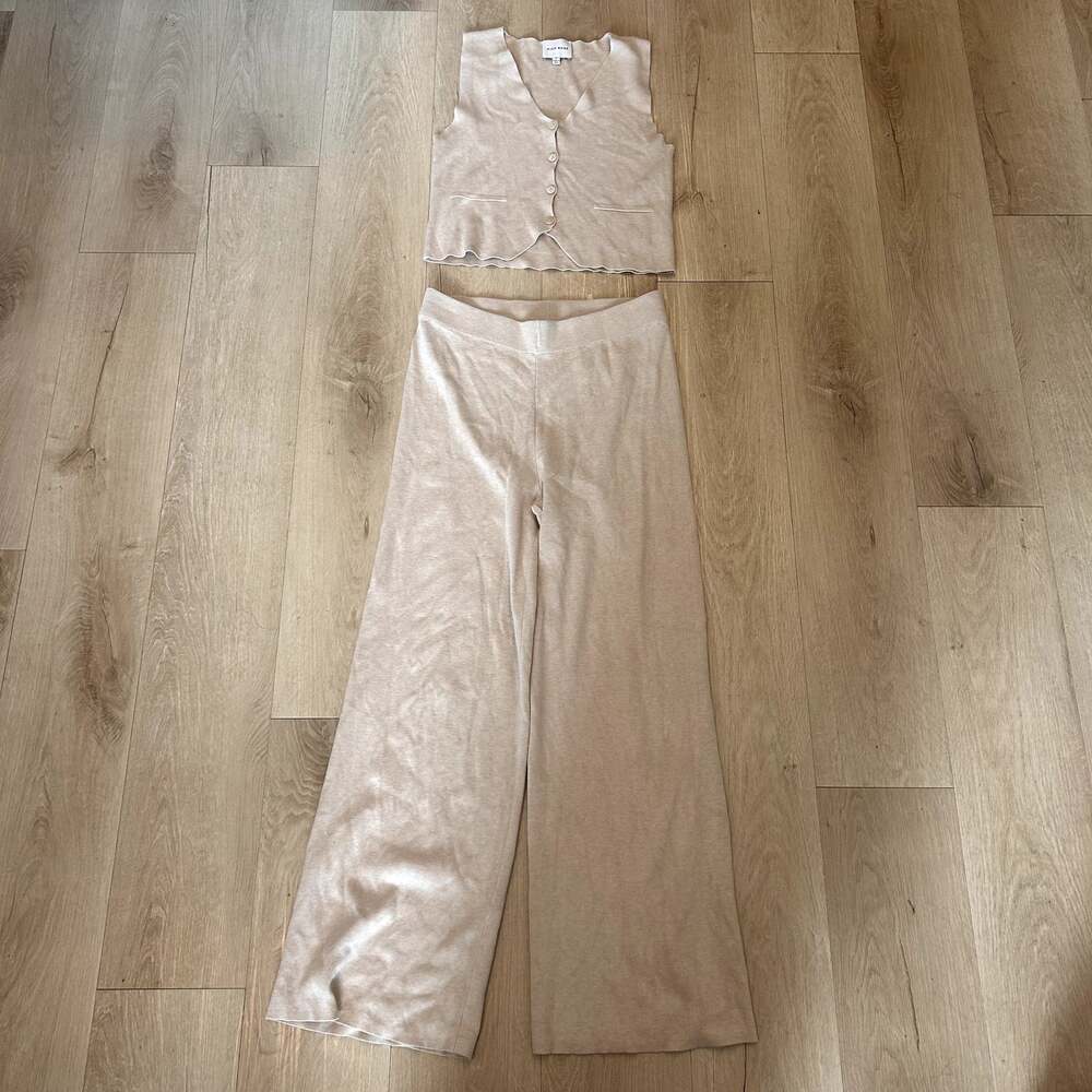 Beige Knit Vest & Wide Leg Pants Set Size S